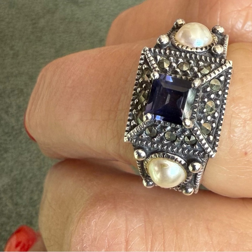 Designer Judith Jack ornate Sterling Silver Blue Gemstone and Marcasite Ring